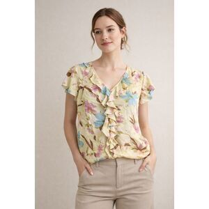 Hillard & Hanson Silk Floral Ruffle Blouse Women’s Large Yellow